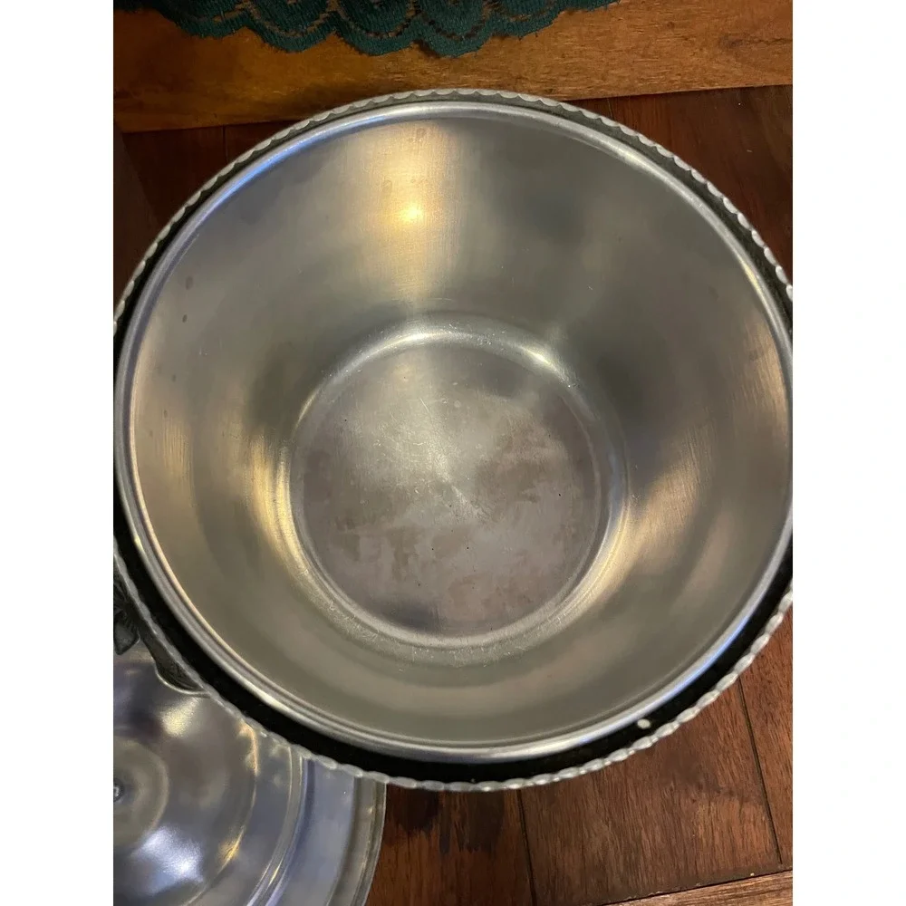 Antique Hammered Aluminum Ice Bucket Floral Tulip Lid Finial Mid Century Modern